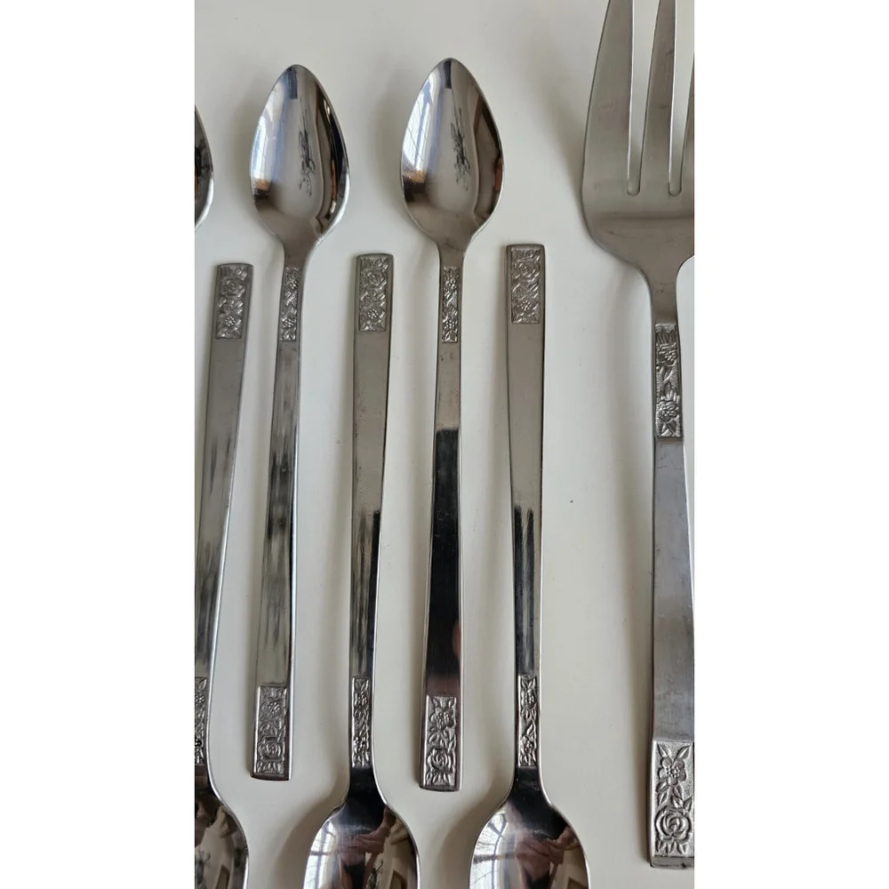 Customcraft Set of 6 Iced Tea Spoons & Serving Fork Stainless Flatware Floral